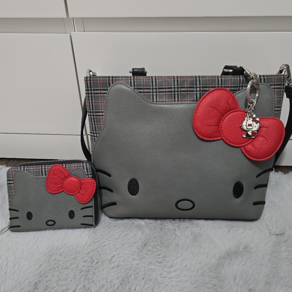 loungefly hello kitty plaid purse + wallet